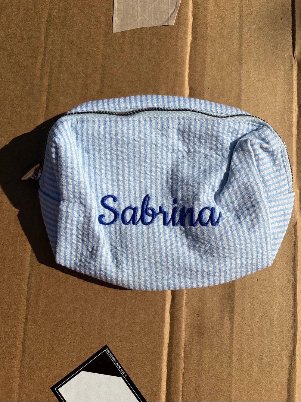 Personalized Light Blue Striped Women’s Cosmetic Pouch - Sabrina Embroidery